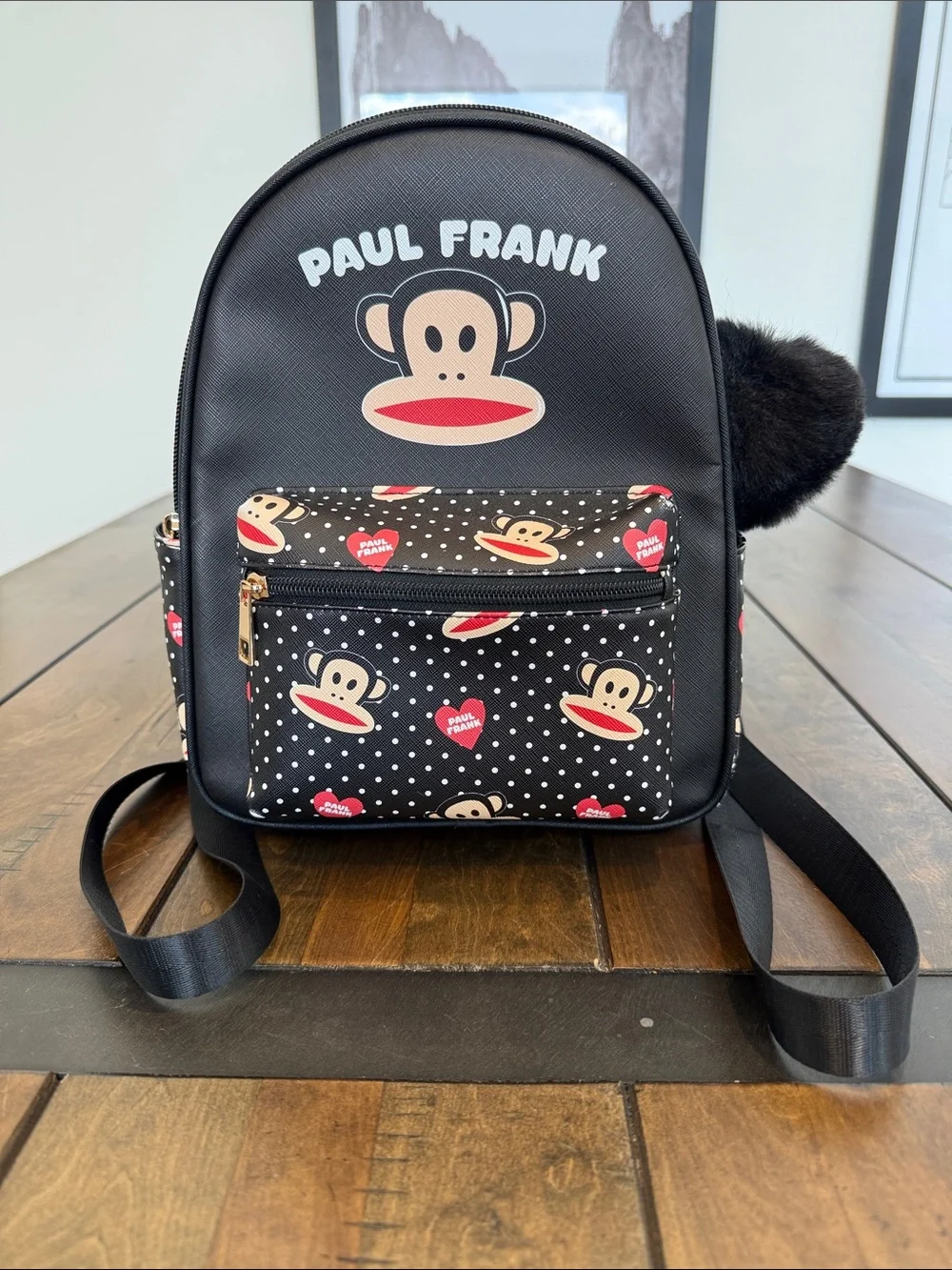 Paul Frank Black Mini Backpack with Red & Cream Monkey Motif